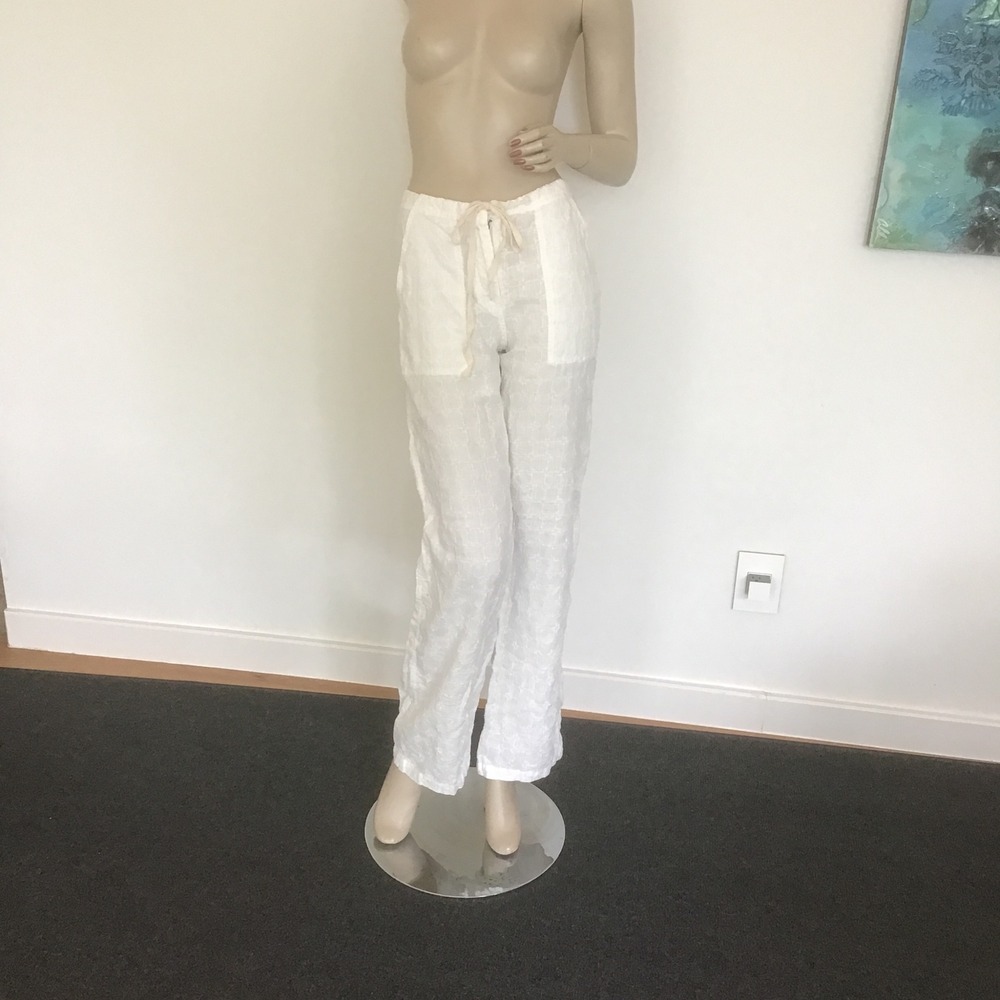 JW Johnny Was Los Angeles White 100% Linen Embroidered Drawstring Pants XS